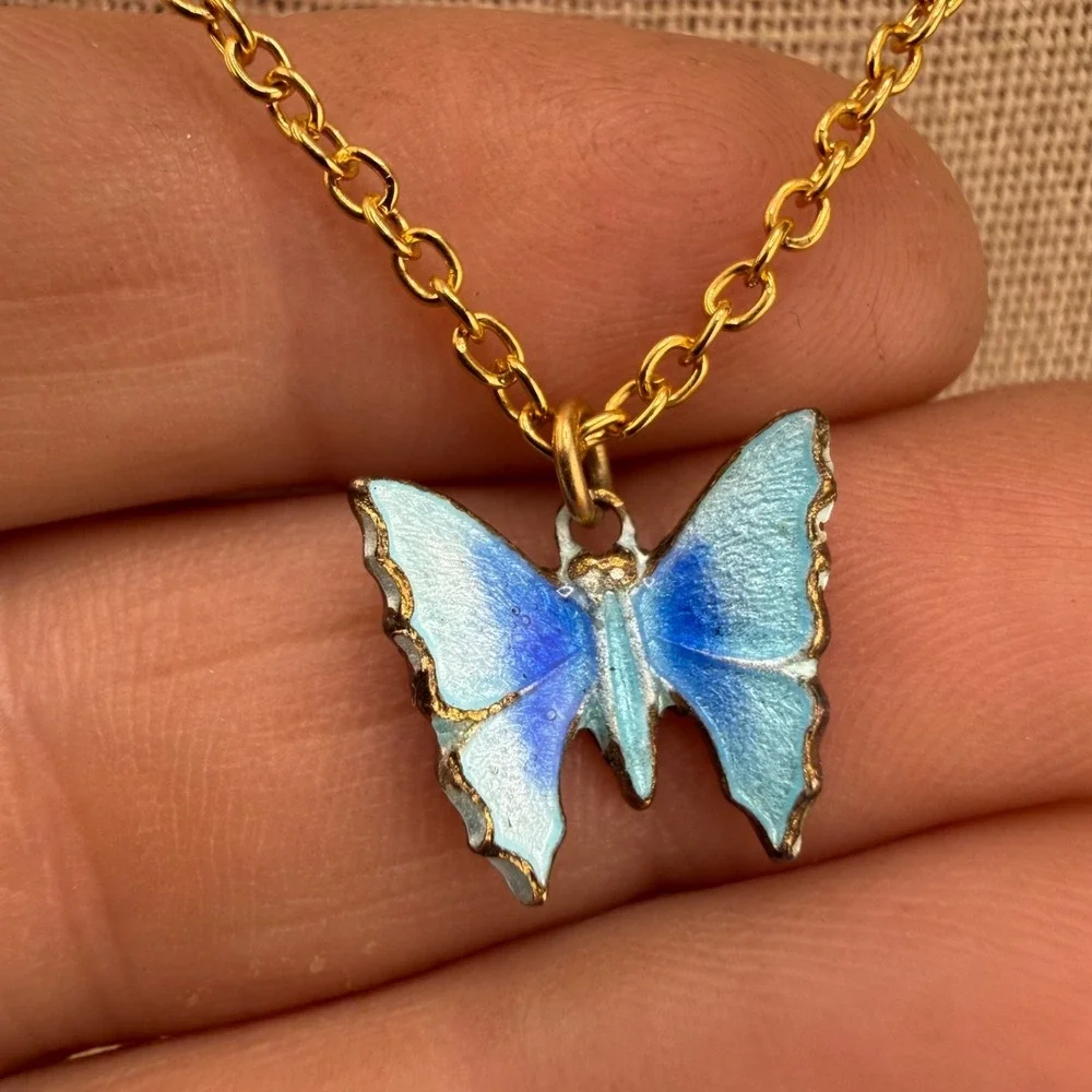 Vintage Enamel Butterfly‎ Necklace Blue Guilloche Gold Tone 16
